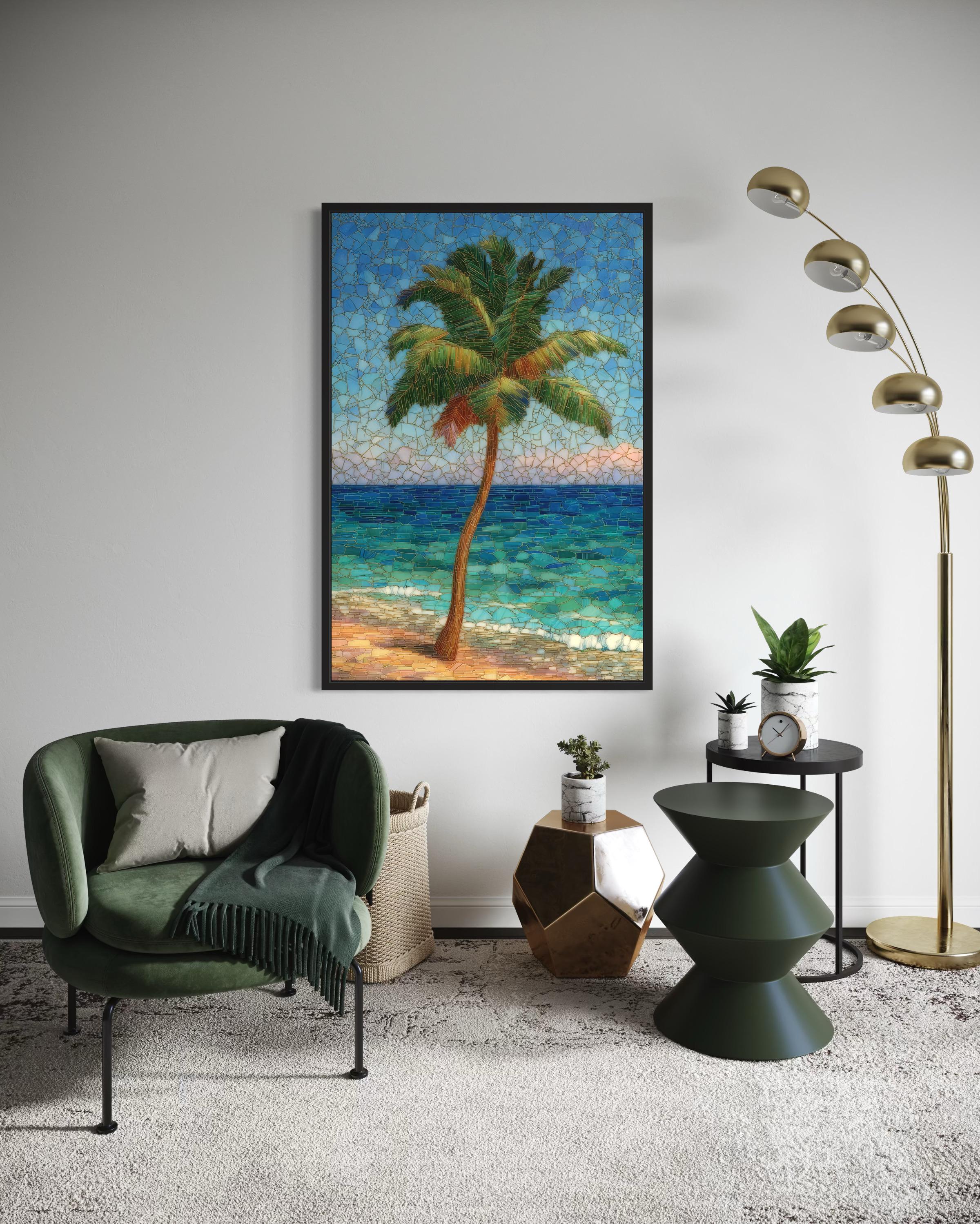 Stained Glass Style Palm Tree On The Beach Canvas Wall Art