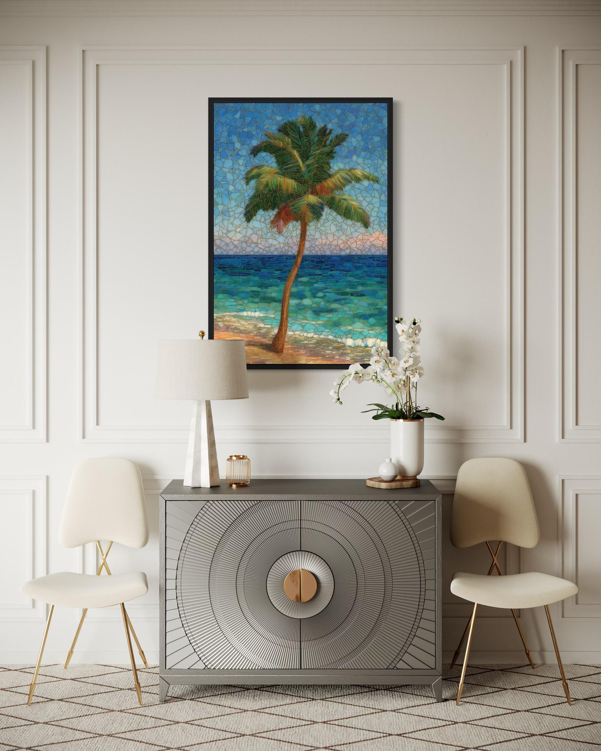 Stained Glass Style Palm Tree On The Beach Canvas Wall Art