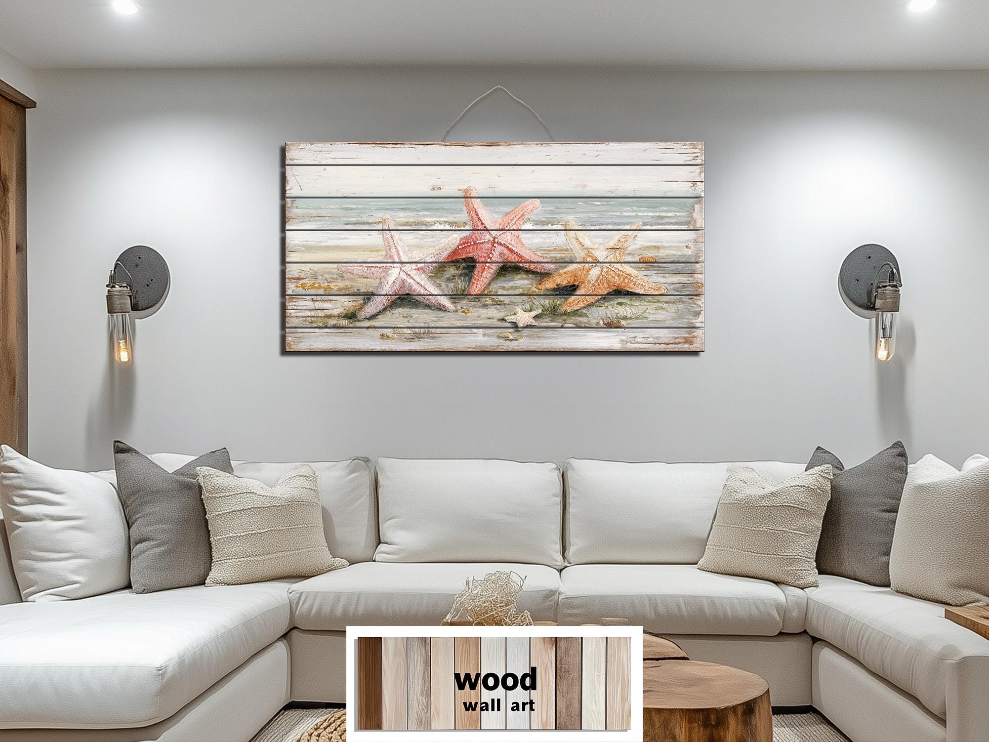 Starfish on the Beach Large Horizontal Wood Wall Art, Coastal Beach House Decor