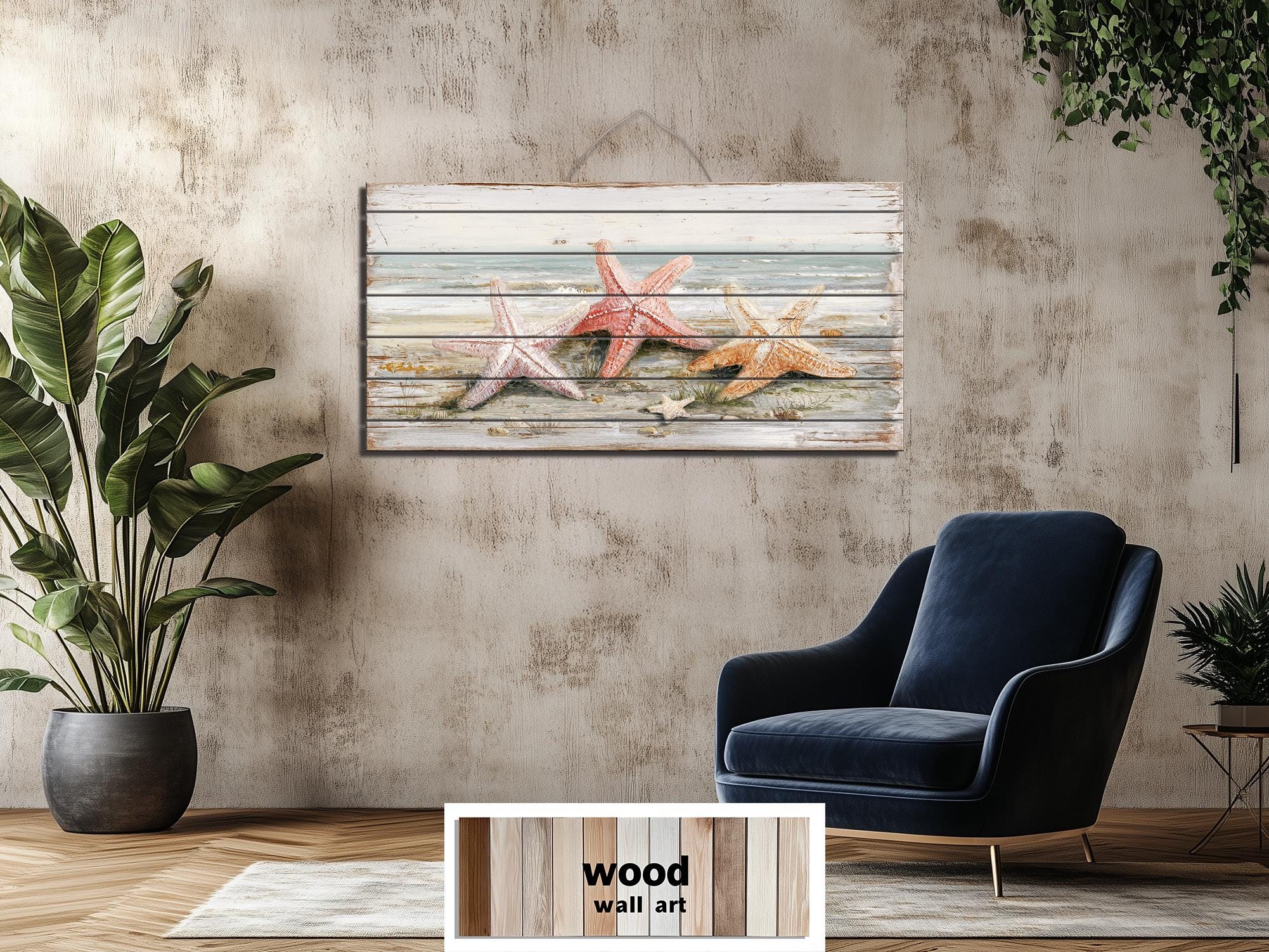 Starfish on the Beach Large Horizontal Wood Wall Art, Coastal Beach House Decor