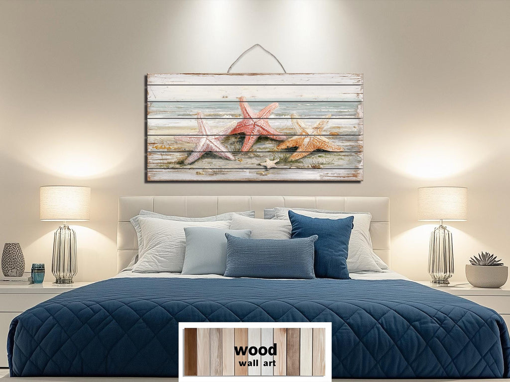 Starfish on the Beach Large Horizontal Wood Wall Art, Coastal Beach House Decor