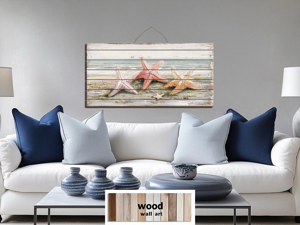 Starfish on the Beach Large Horizontal Wood Wall Art, Coastal Beach House Decor