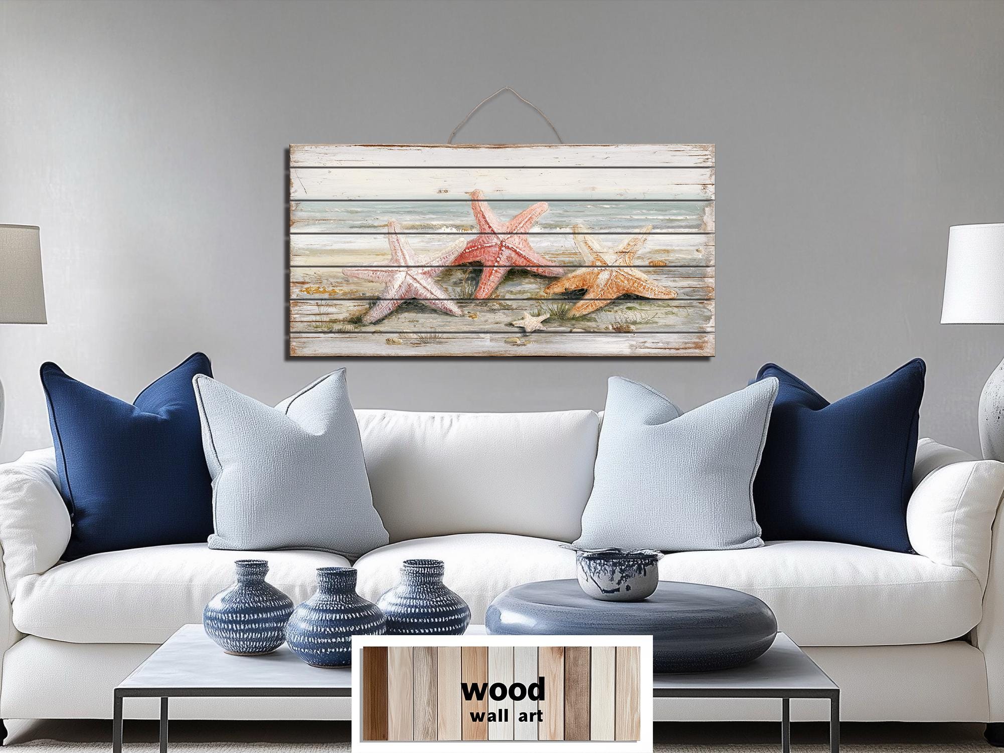 Starfish on the Beach Large Horizontal Wood Wall Art, Coastal Beach House Decor