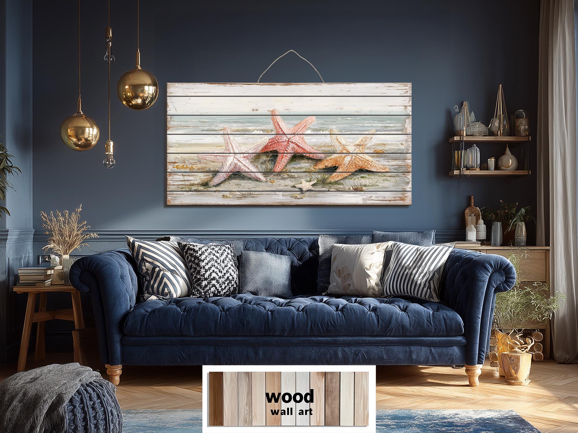 Starfish on the Beach Large Horizontal Wood Wall Art, Coastal Beach House Decor