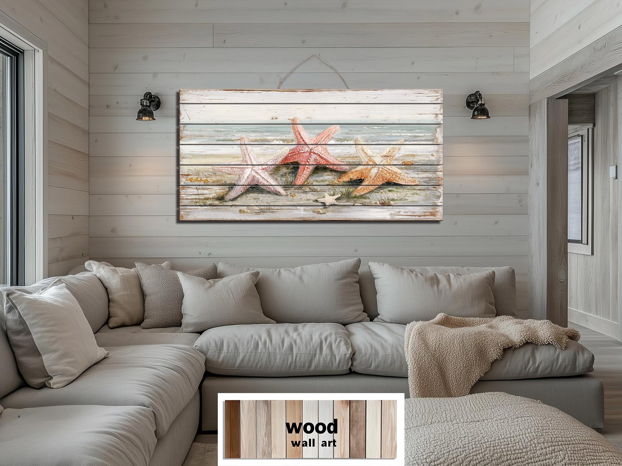 Starfish on the Beach Large Horizontal Wood Wall Art, Coastal Beach House Decor