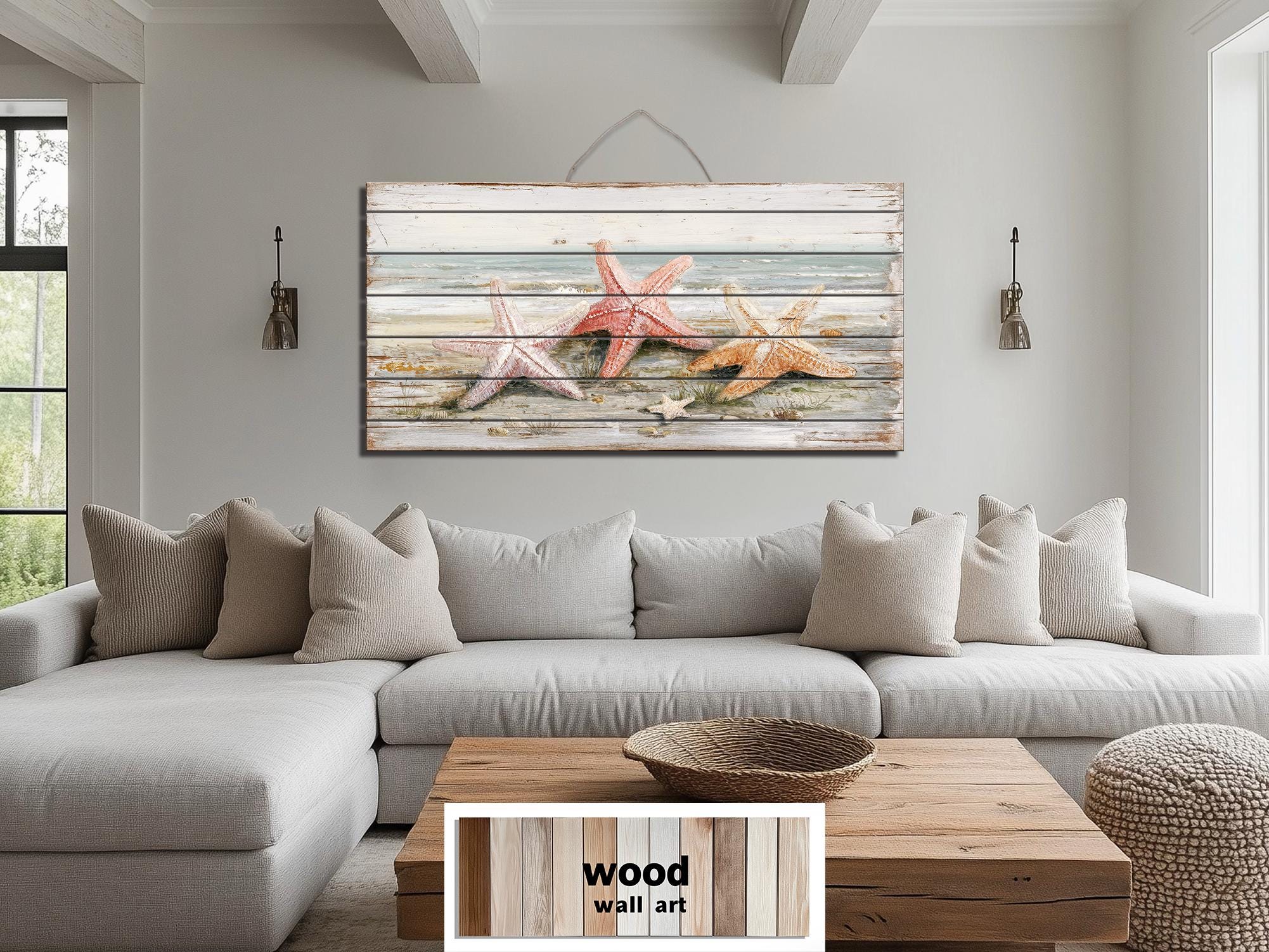 Starfish on the Beach Large Horizontal Wood Wall Art, Coastal Beach House Decor