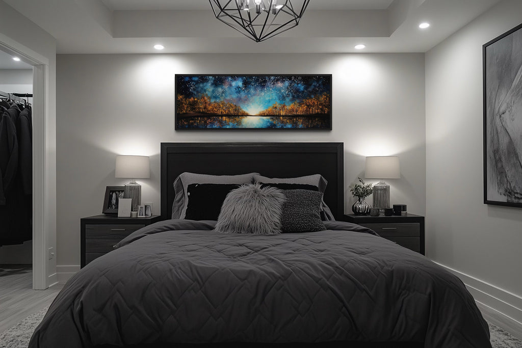 Starry Sky Over Autumn Forest And Lake Painting Framed Canvas Wall Art