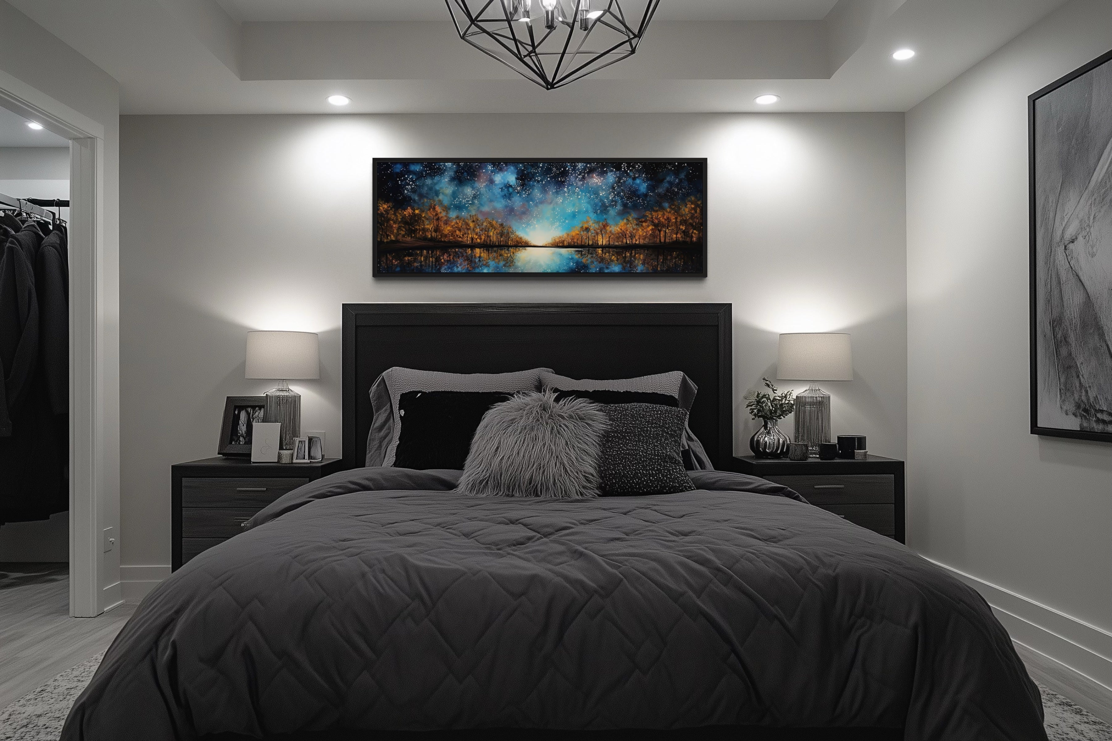 Starry Sky Over Autumn Forest And Lake Painting Framed Canvas Wall Art