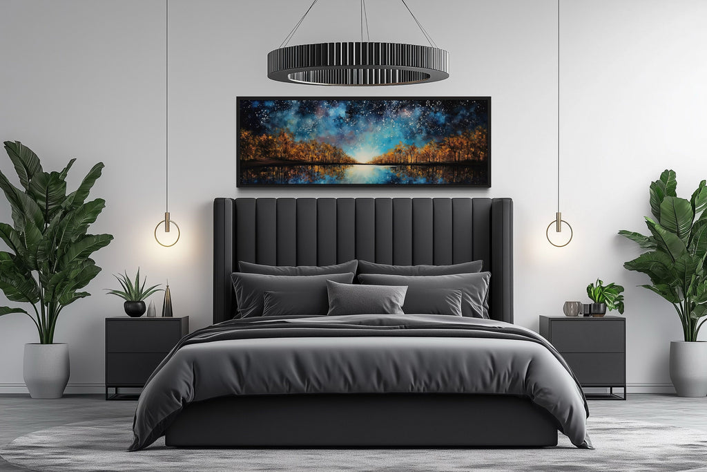Starry Sky Over Autumn Forest And Lake Painting Framed Canvas Wall Art