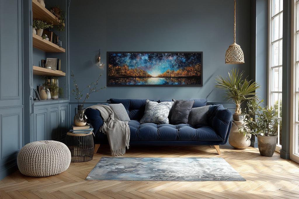 Starry Sky Over Autumn Forest And Lake Painting Framed Canvas Wall Art