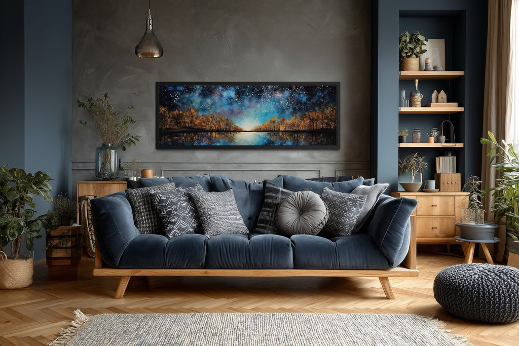 Starry Sky Over Autumn Forest And Lake Painting Framed Canvas Wall Art