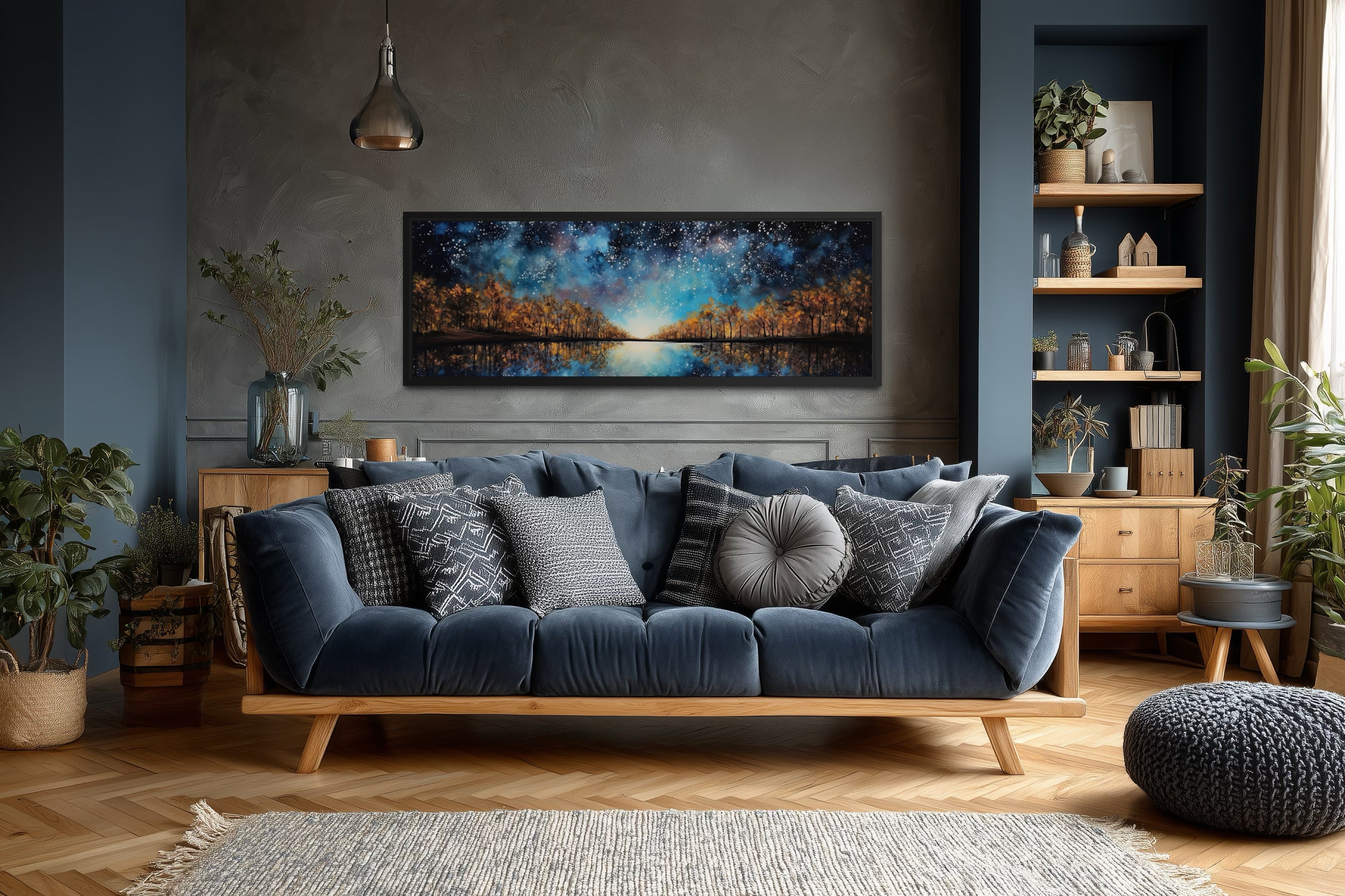 Starry Sky Over Autumn Forest And Lake Painting Framed Canvas Wall Art