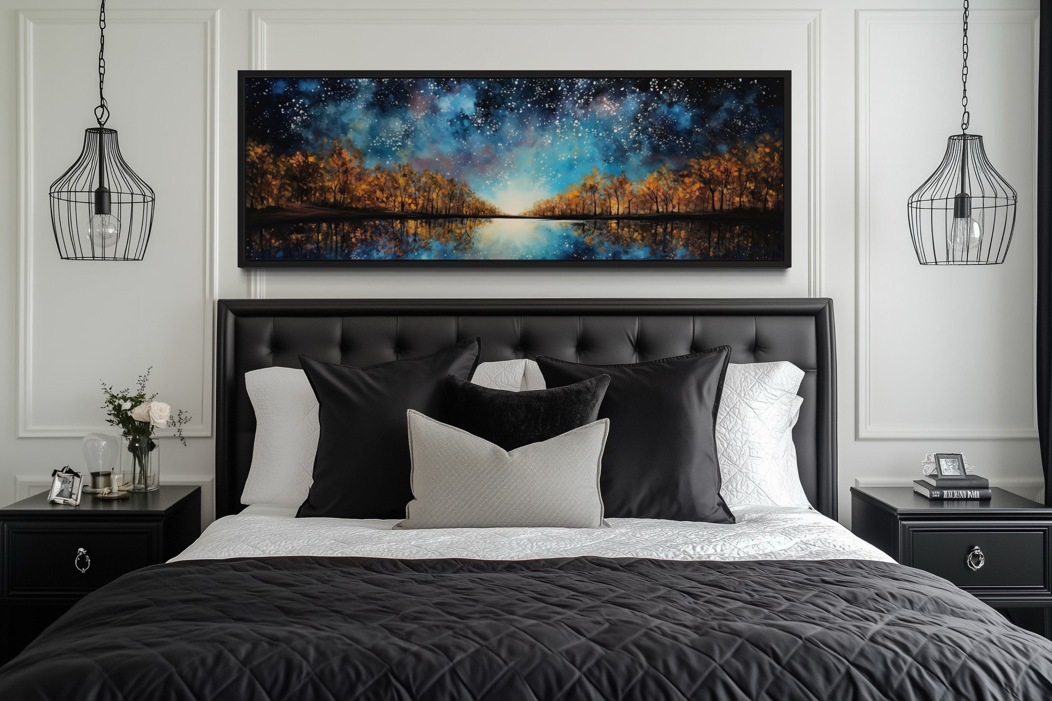 Starry Sky Over Autumn Forest And Lake Painting Framed Canvas Wall Art