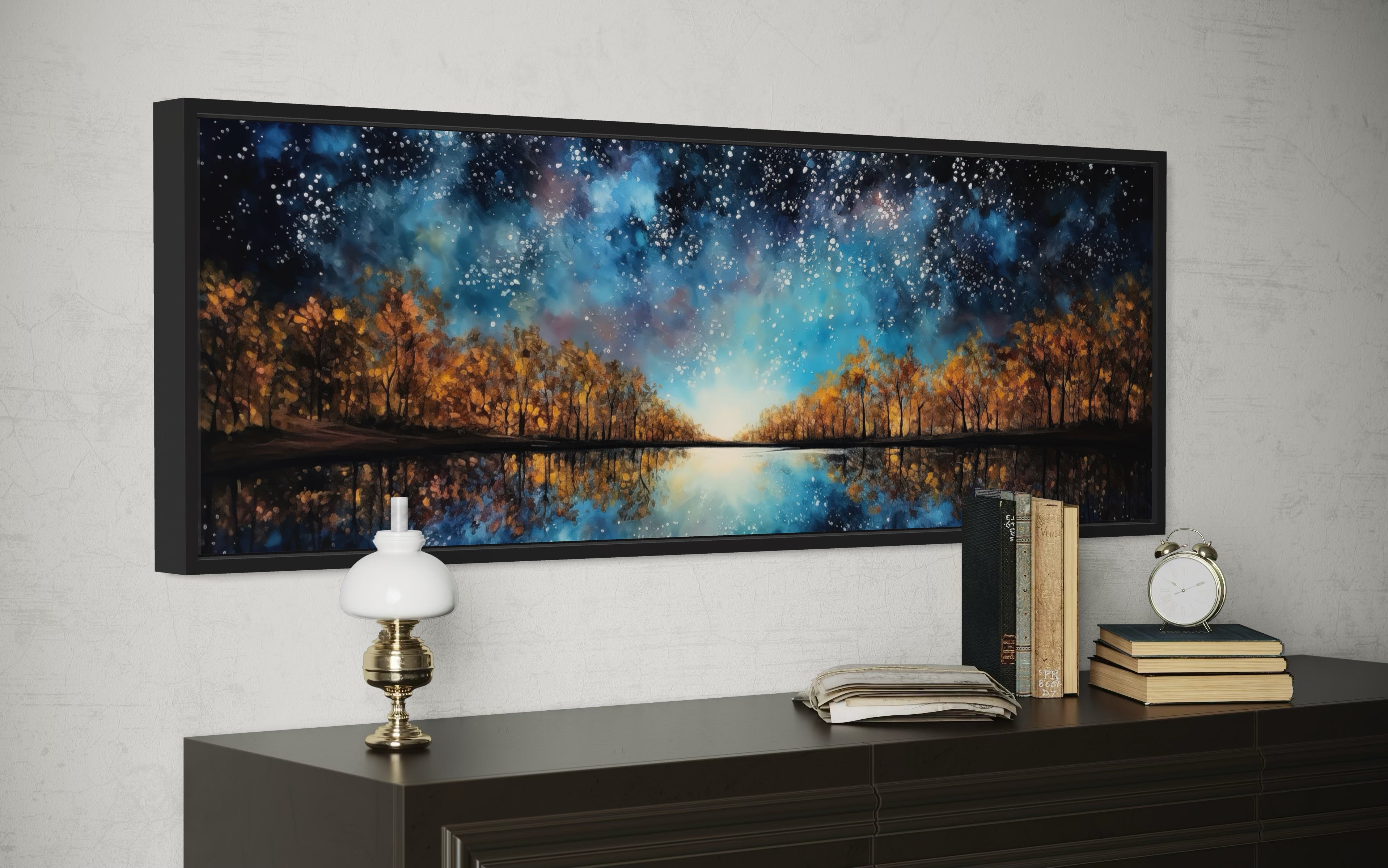 Starry Sky Over Autumn Forest And Lake Painting Framed Canvas Wall Art