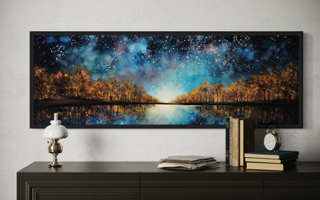 Starry Sky Over Autumn Forest And Lake Painting Framed Canvas Wall Art