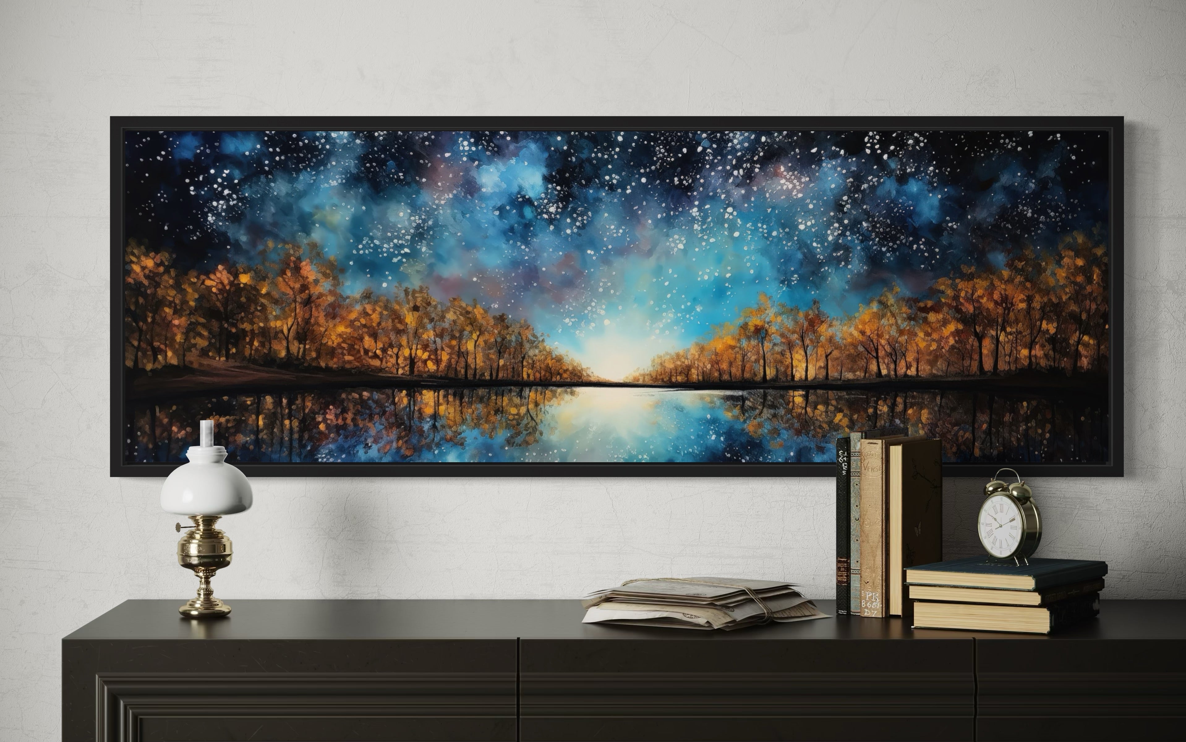 Starry Sky Over Autumn Forest And Lake Painting Framed Canvas Wall Art