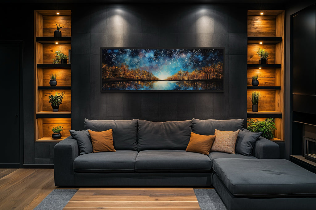 Starry Sky Over Autumn Forest And Lake Painting Framed Canvas Wall Art