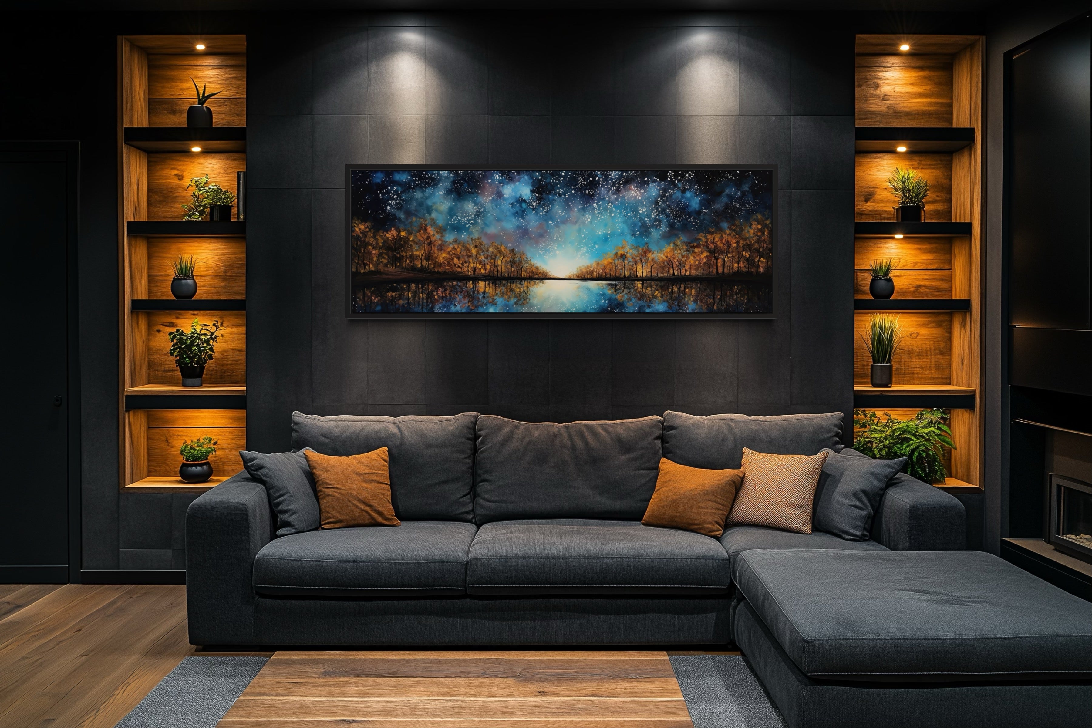 Starry Sky Over Autumn Forest And Lake Painting Framed Canvas Wall Art
