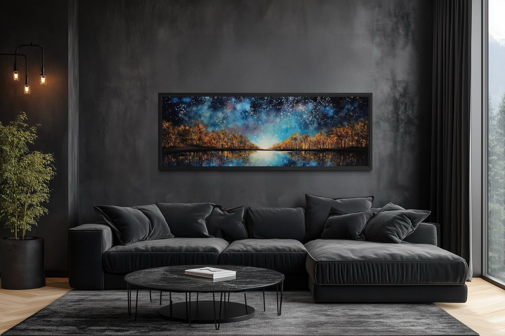 Starry Sky Over Autumn Forest And Lake Painting Framed Canvas Wall Art