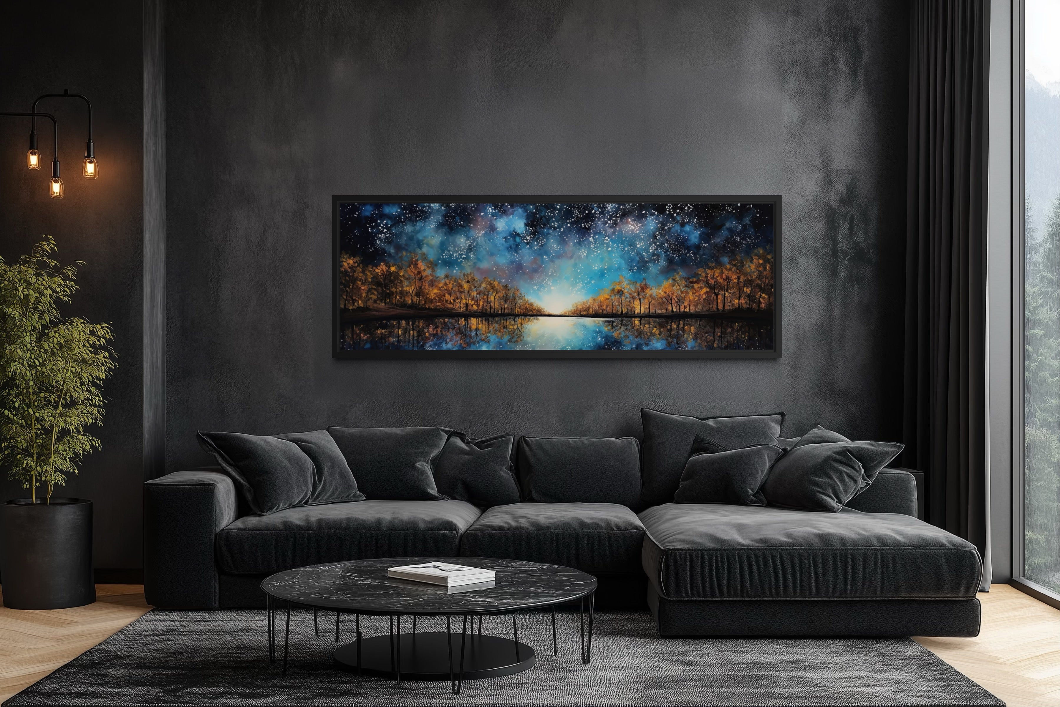 Starry Sky Over Autumn Forest And Lake Painting Framed Canvas Wall Art