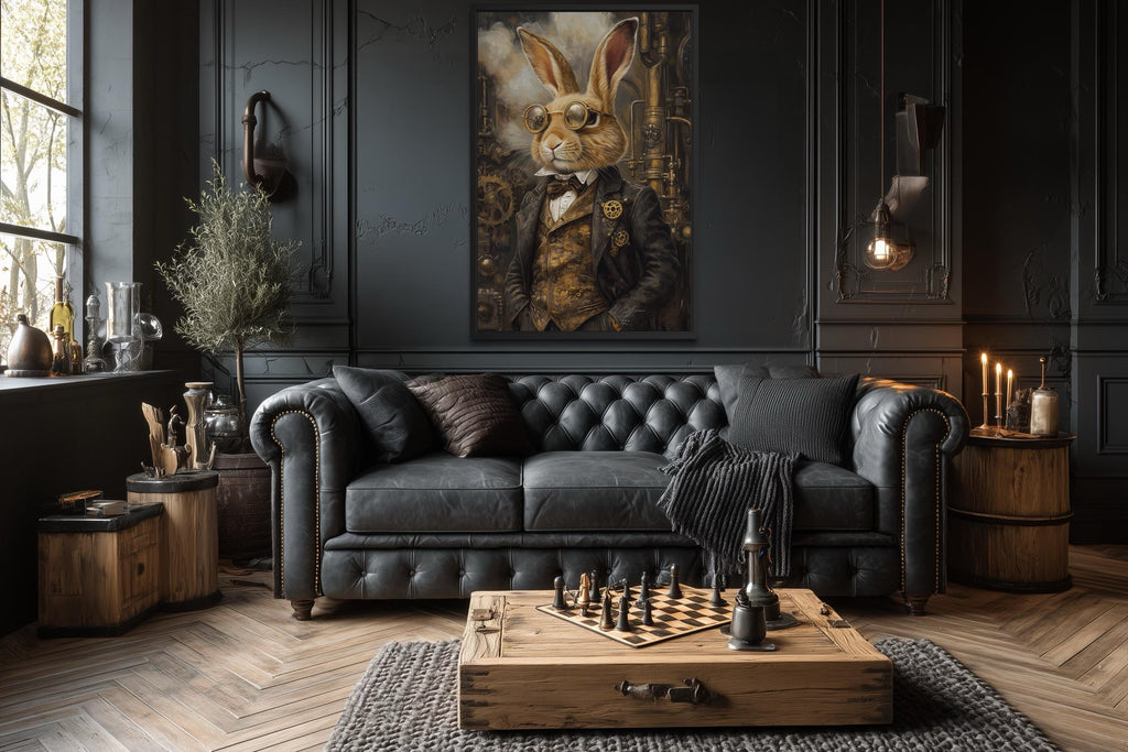Steampunk Bunny Wall Art - Vintage Rabbit Canvas Print in Floating Frame - Decor for Men