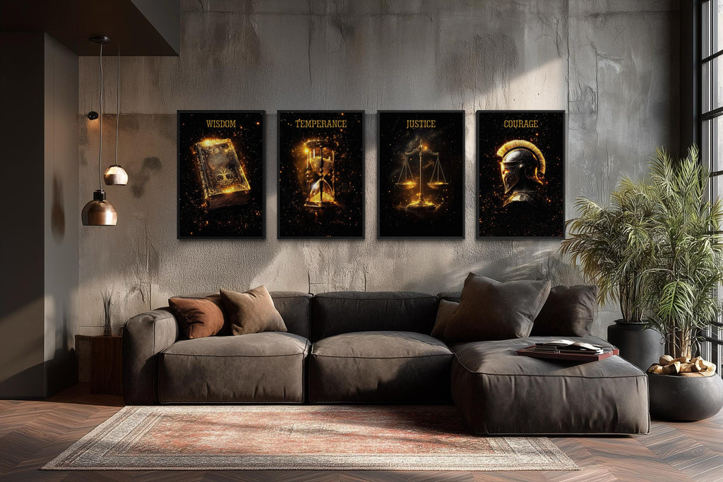 Stoic Cardinal Virtues Art – Wisdom Temperance Justice Courage Canvas Set | Dark Gold Philosophy Wall Art