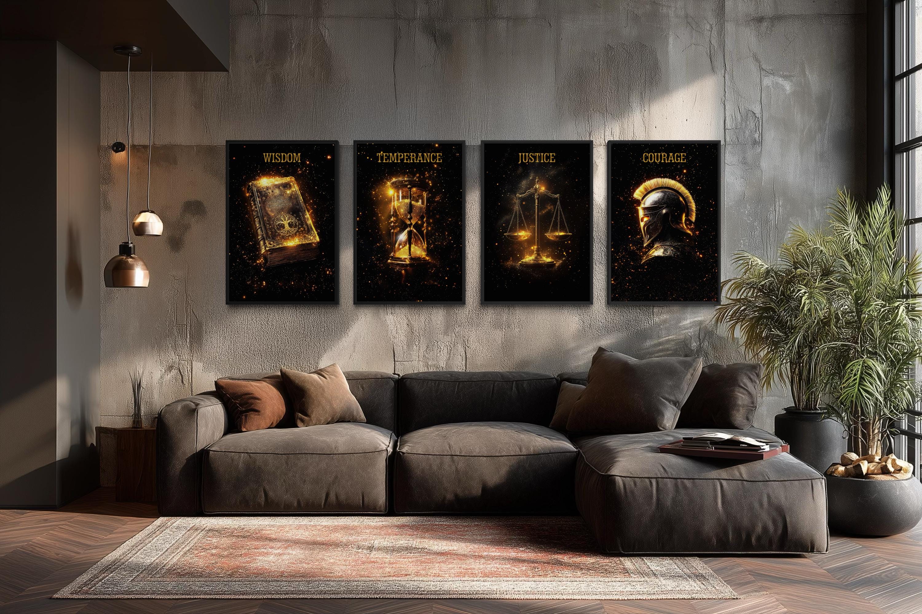 Stoic Cardinal Virtues Art – Wisdom Temperance Justice Courage Canvas Set | Dark Gold Philosophy Wall Art