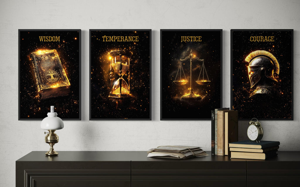 Stoic Cardinal Virtues Art – Wisdom Temperance Justice Courage Canvas Set | Dark Gold Philosophy Wall Art
