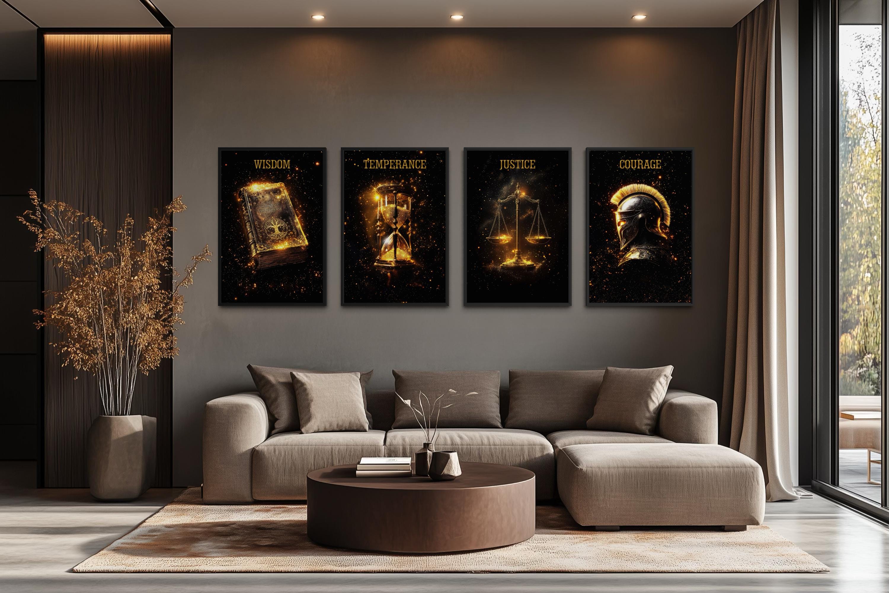 Stoic Cardinal Virtues Art – Wisdom Temperance Justice Courage Canvas Set | Dark Gold Philosophy Wall Art