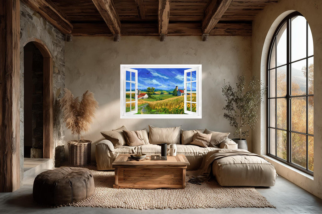 Summer Farm Landscape Window View Canvas Wall Art
