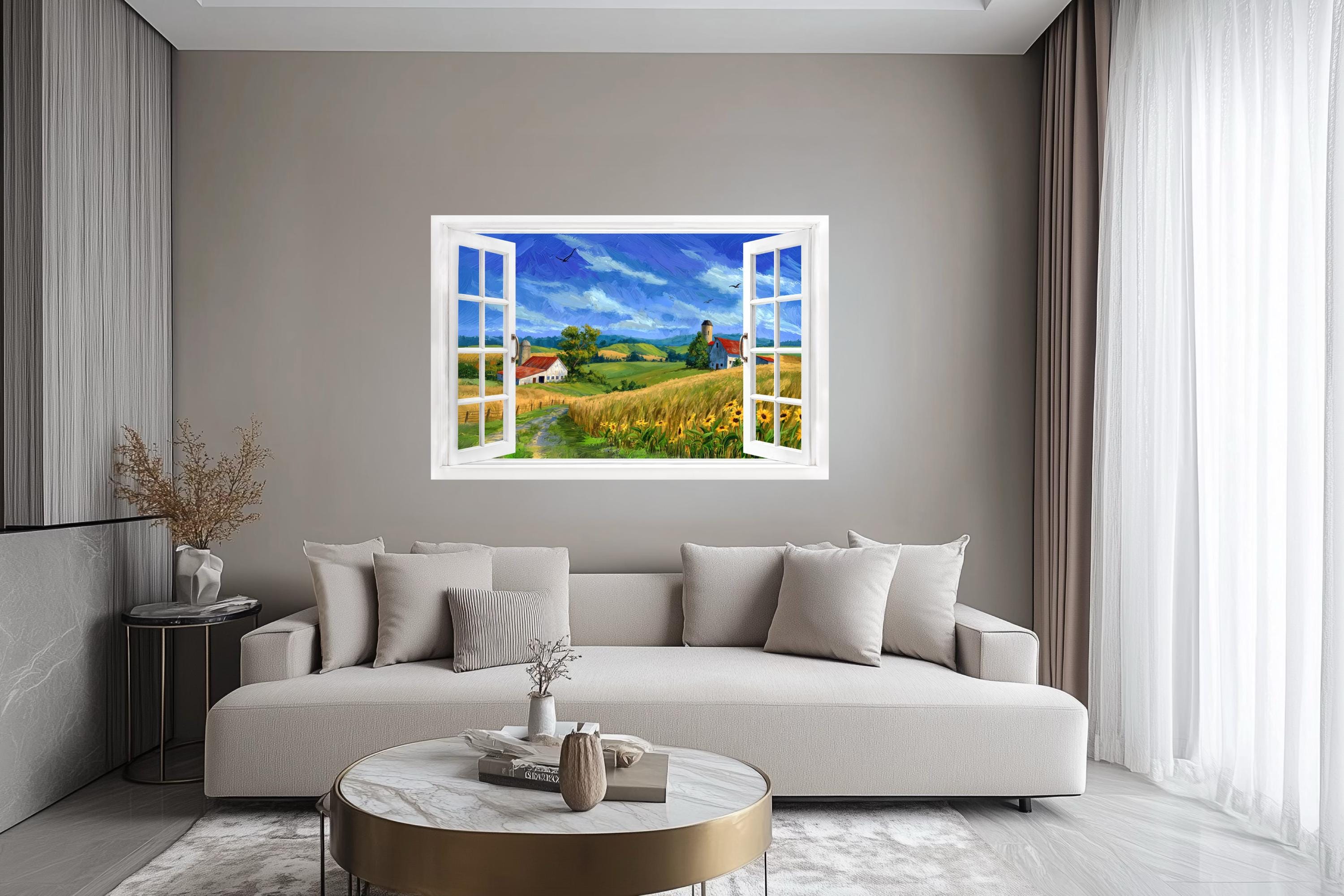 Summer Farm Landscape Window View Canvas Wall Art