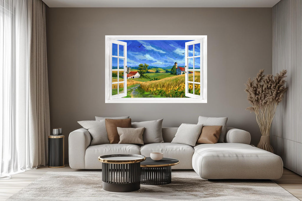 Summer Farm Landscape Window View Canvas Wall Art