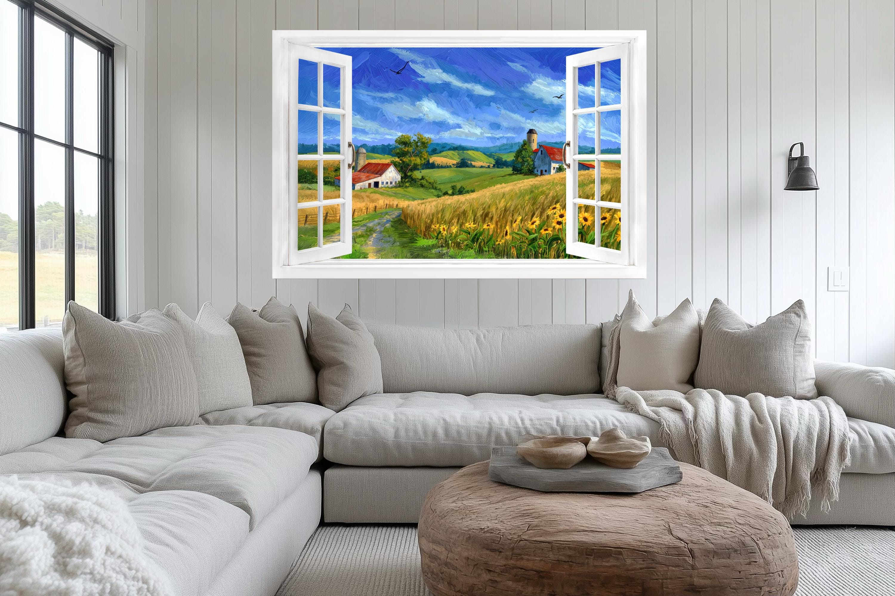 Summer Farm Landscape Window View Canvas Wall Art