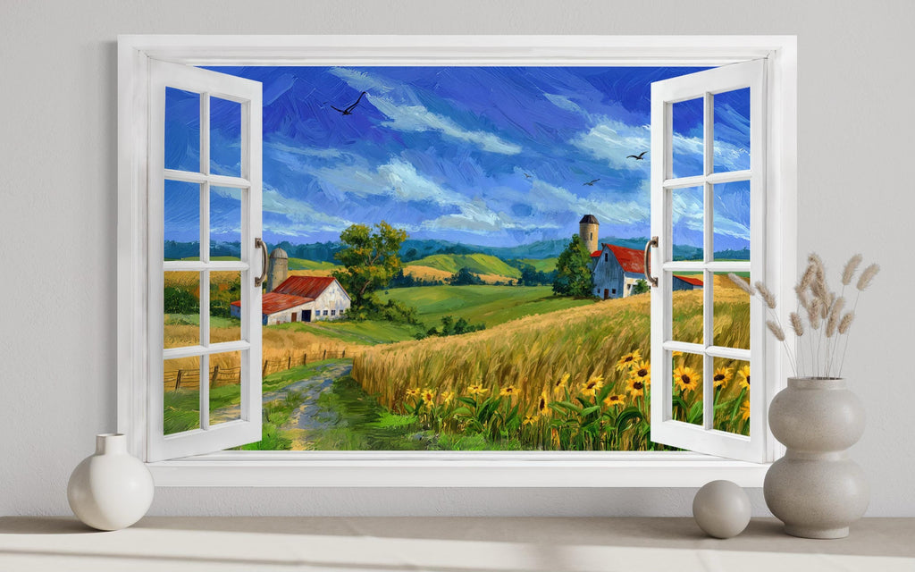 Summer Farm Landscape Window View Canvas Wall Art