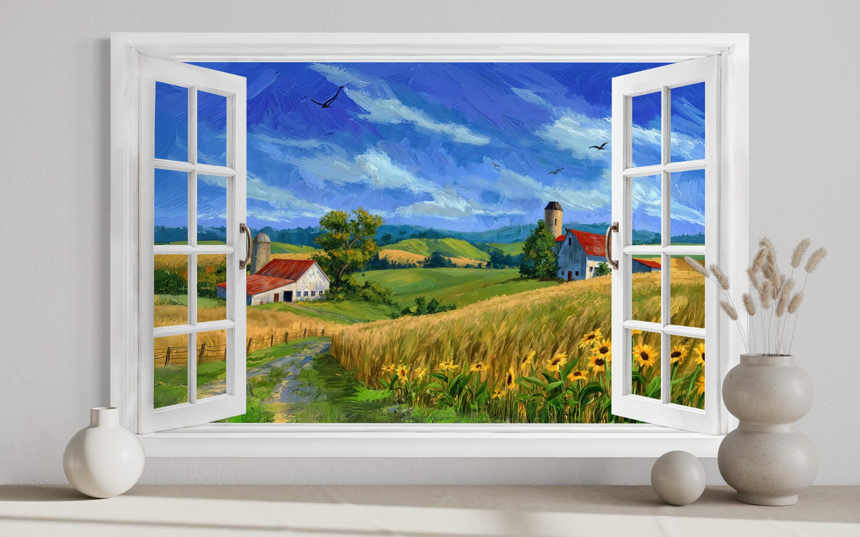 Summer Farm Landscape Window View Canvas Wall Art
