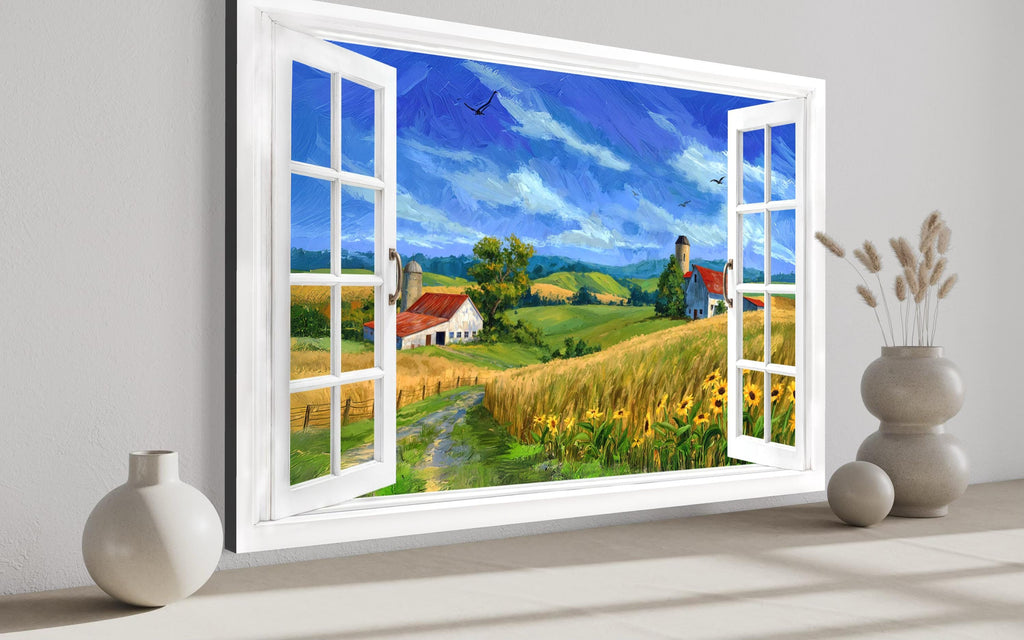 Summer Farm Landscape Window View Canvas Wall Art