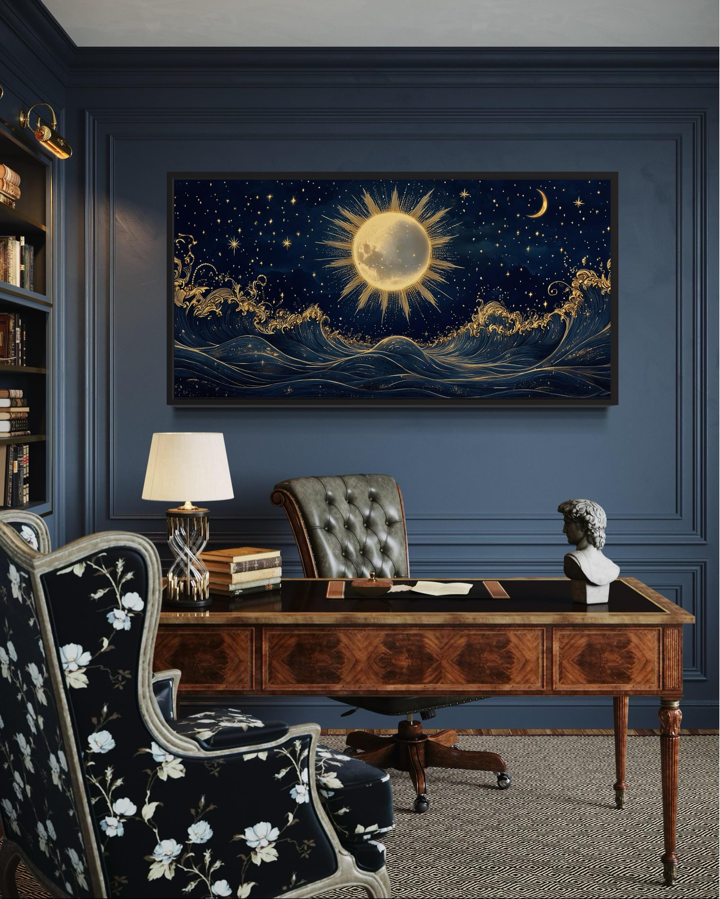 Sun And Stars Over Ocean Canvas Wall Art