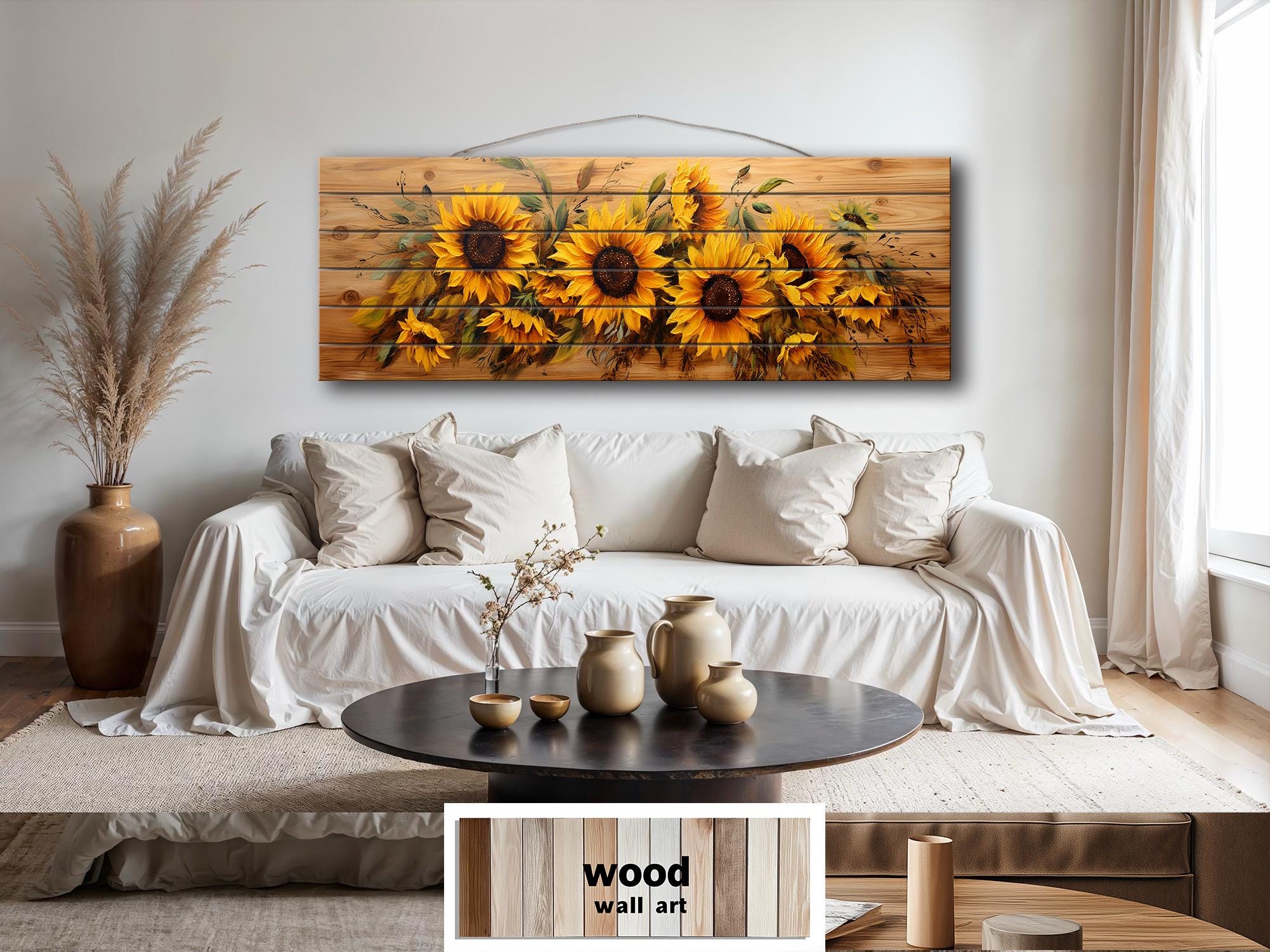 Sunflowers Painting Long Horizontal Real Wood Wall Art Print For Farmhouse Bedroom Decor