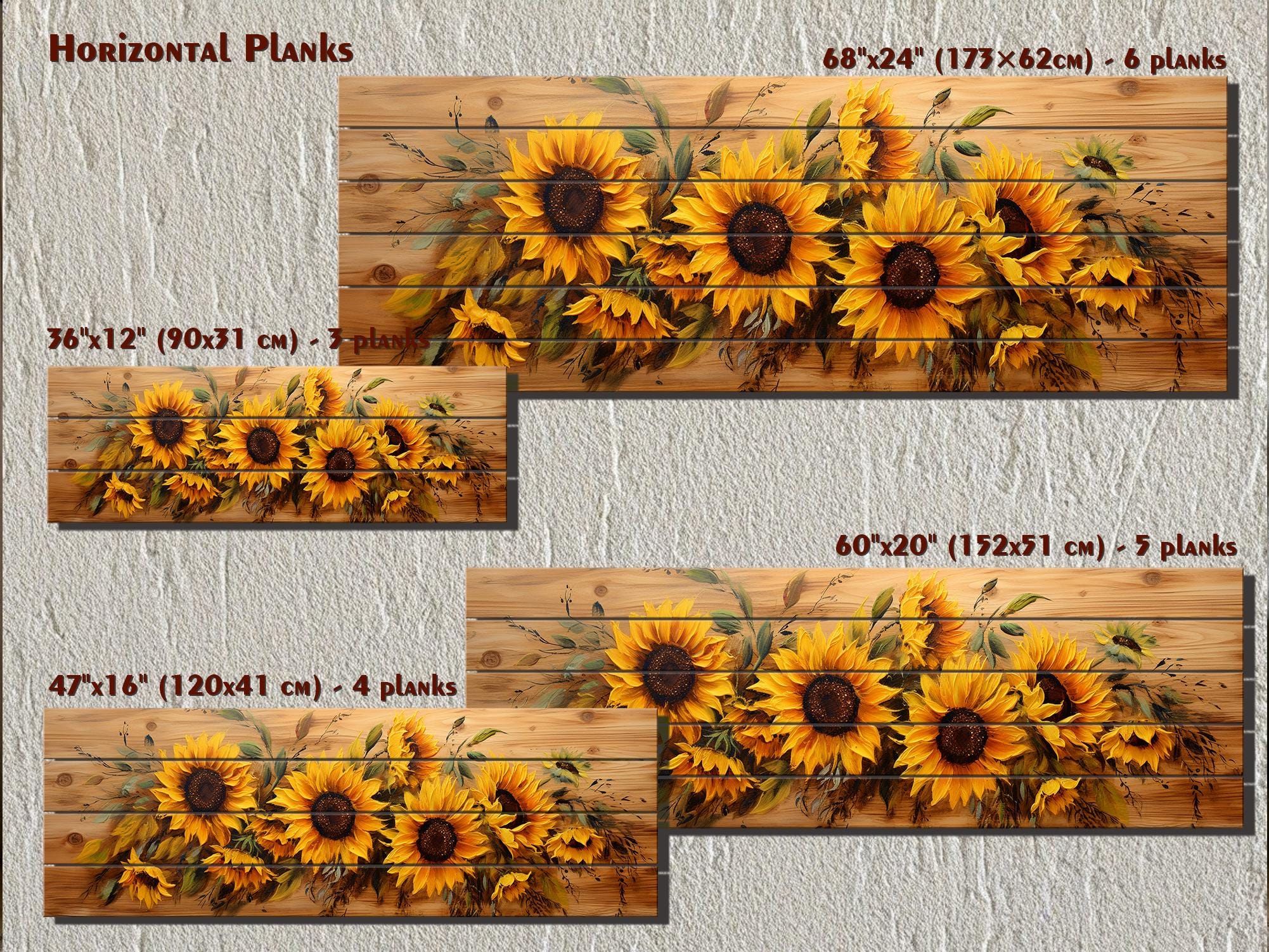 Sunflowers Painting Long Horizontal Real Wood Wall Art Print For Farmhouse Bedroom Decor