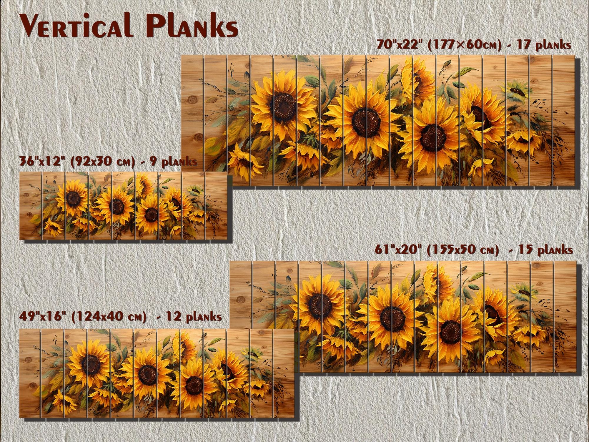 Sunflowers Painting Long Horizontal Real Wood Wall Art Print For Farmhouse Bedroom Decor