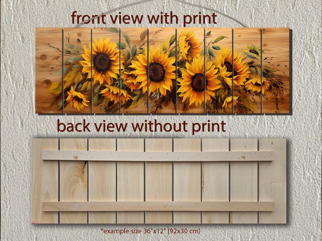 Sunflowers Painting Long Horizontal Real Wood Wall Art Print For Farmhouse Bedroom Decor