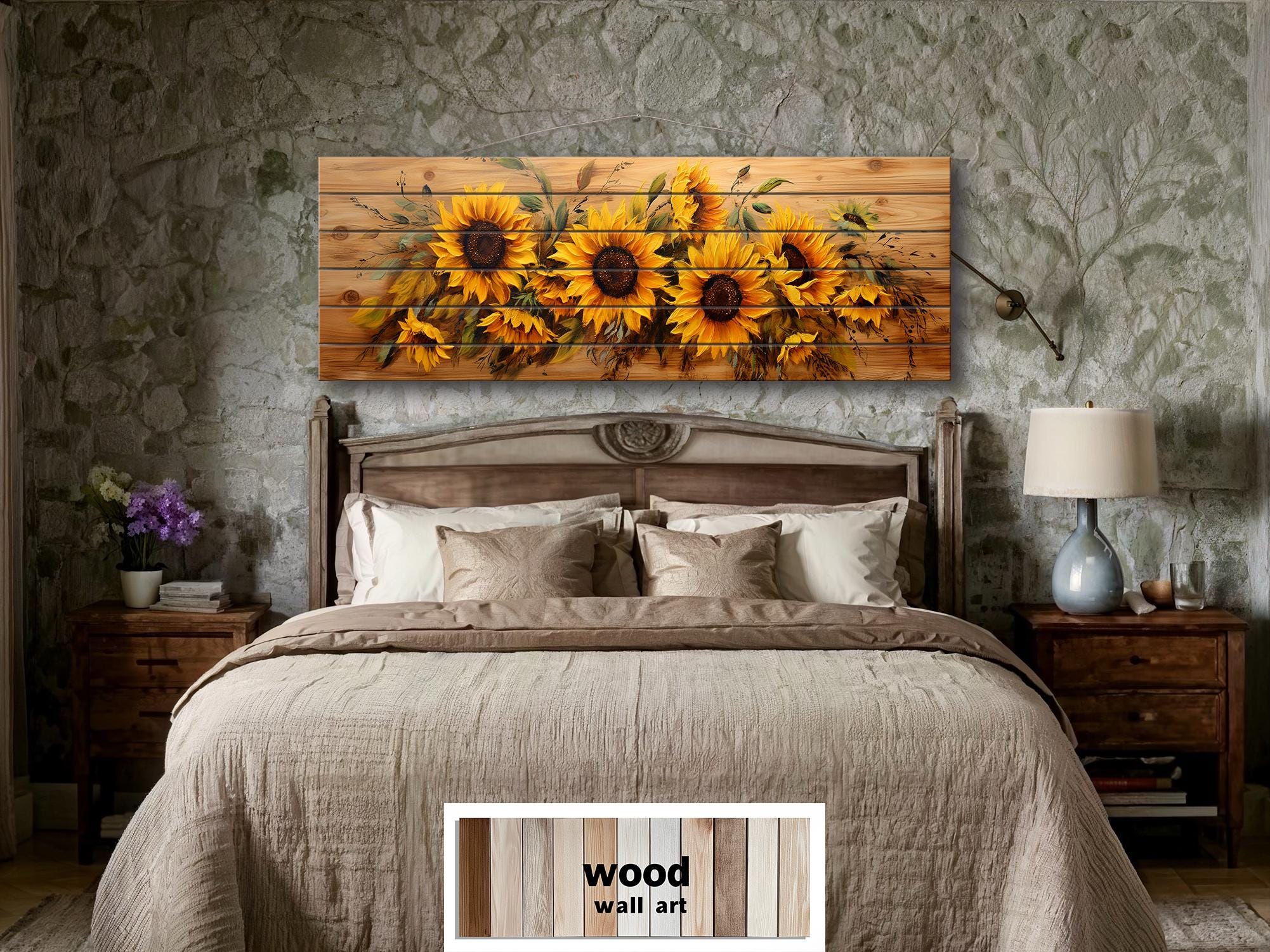 Sunflowers Painting Long Horizontal Real Wood Wall Art Print For Farmhouse Bedroom Decor