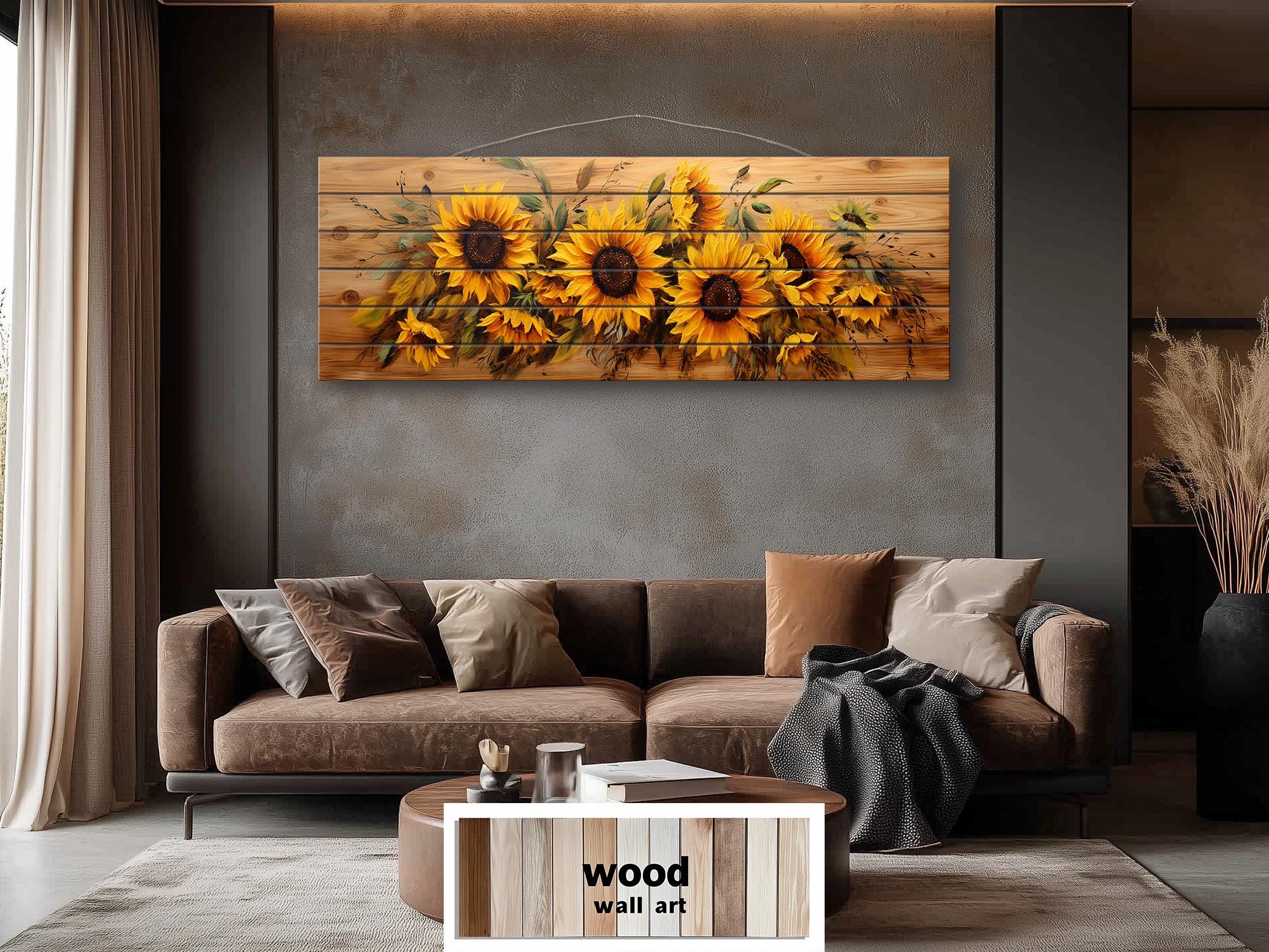 Sunflowers Painting Long Horizontal Real Wood Wall Art Print For Farmhouse Bedroom Decor