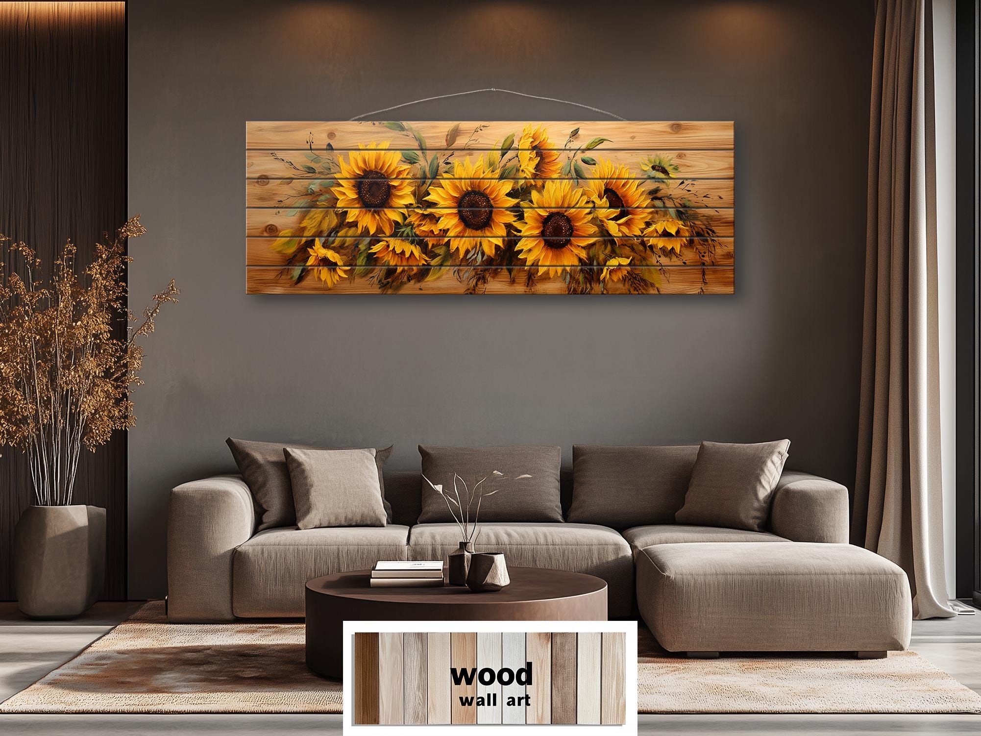 Sunflowers Painting Long Horizontal Real Wood Wall Art Print For Farmhouse Bedroom Decor