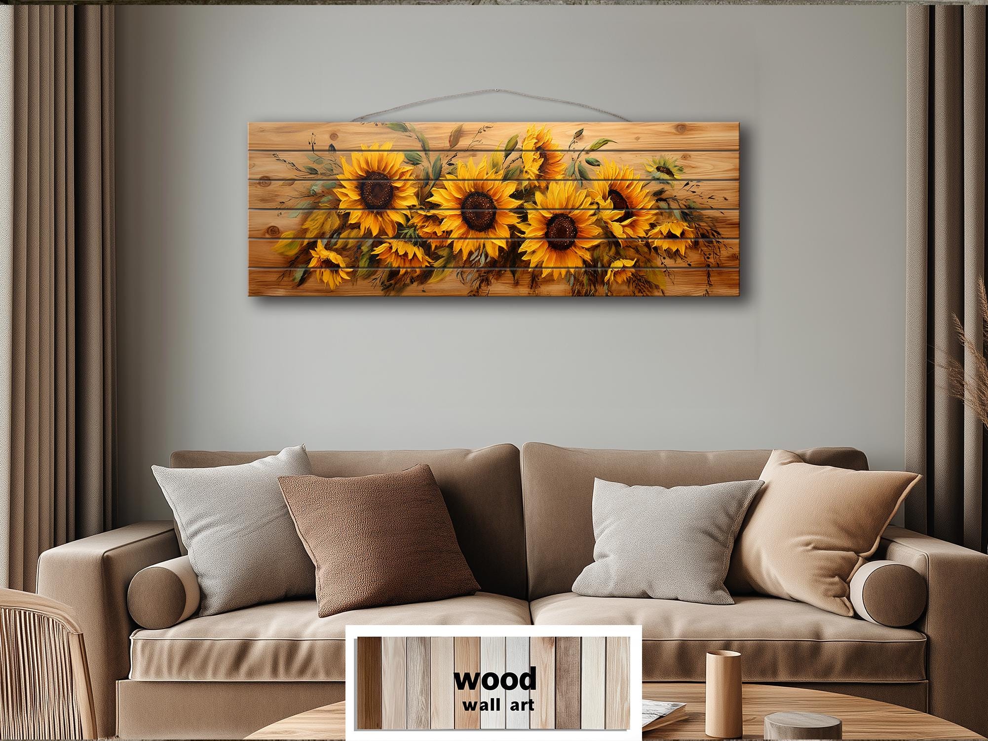 Sunflowers Painting Long Horizontal Real Wood Wall Art Print For Farmhouse Bedroom Decor