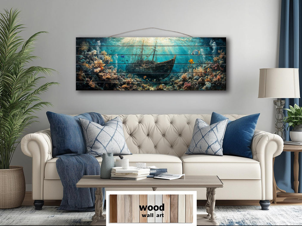 Sunken Shipwreck Distressed Wood Wall Art - Nautical Narrow Wall Decor