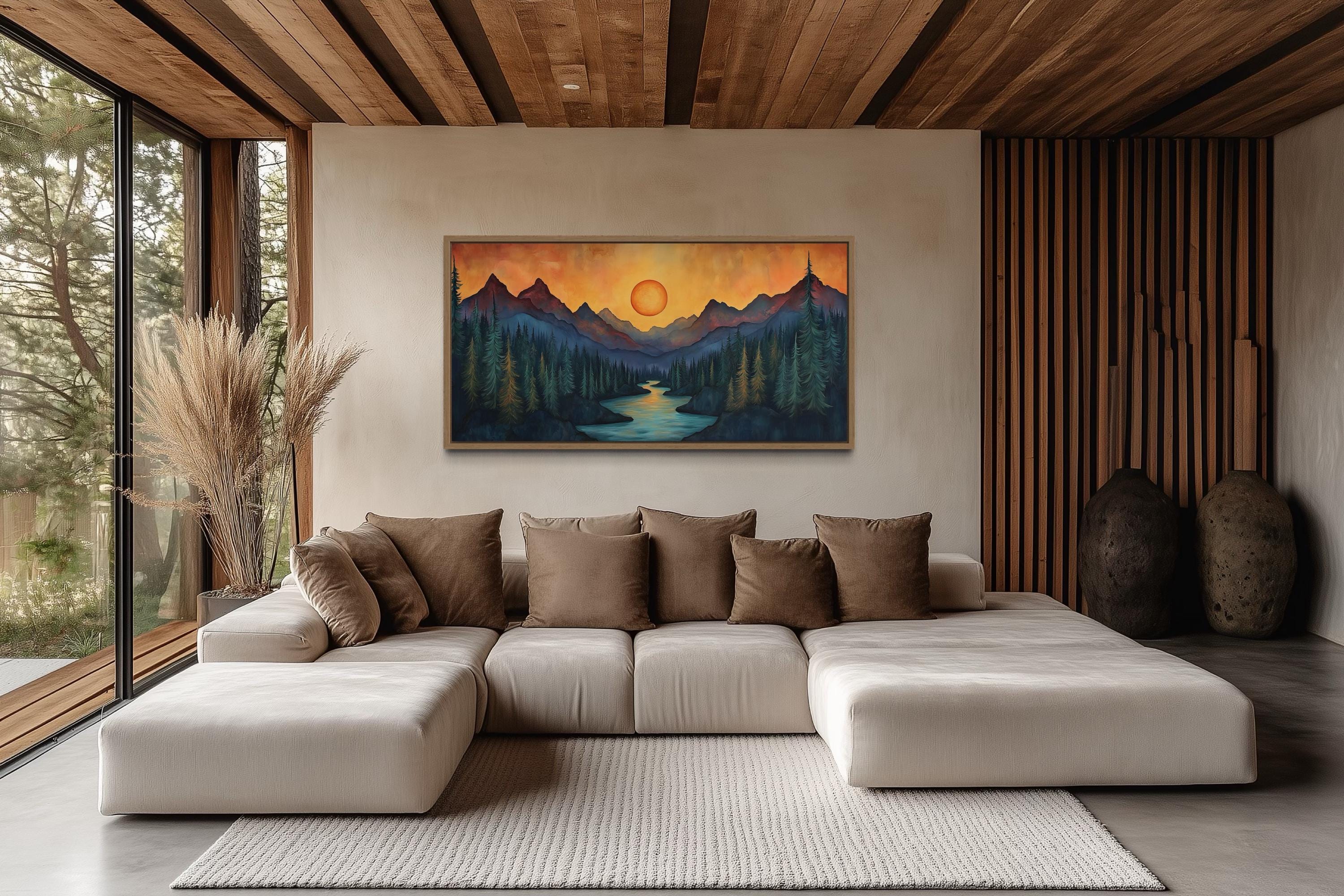 Sunset Mountain River Canvas Wall Art