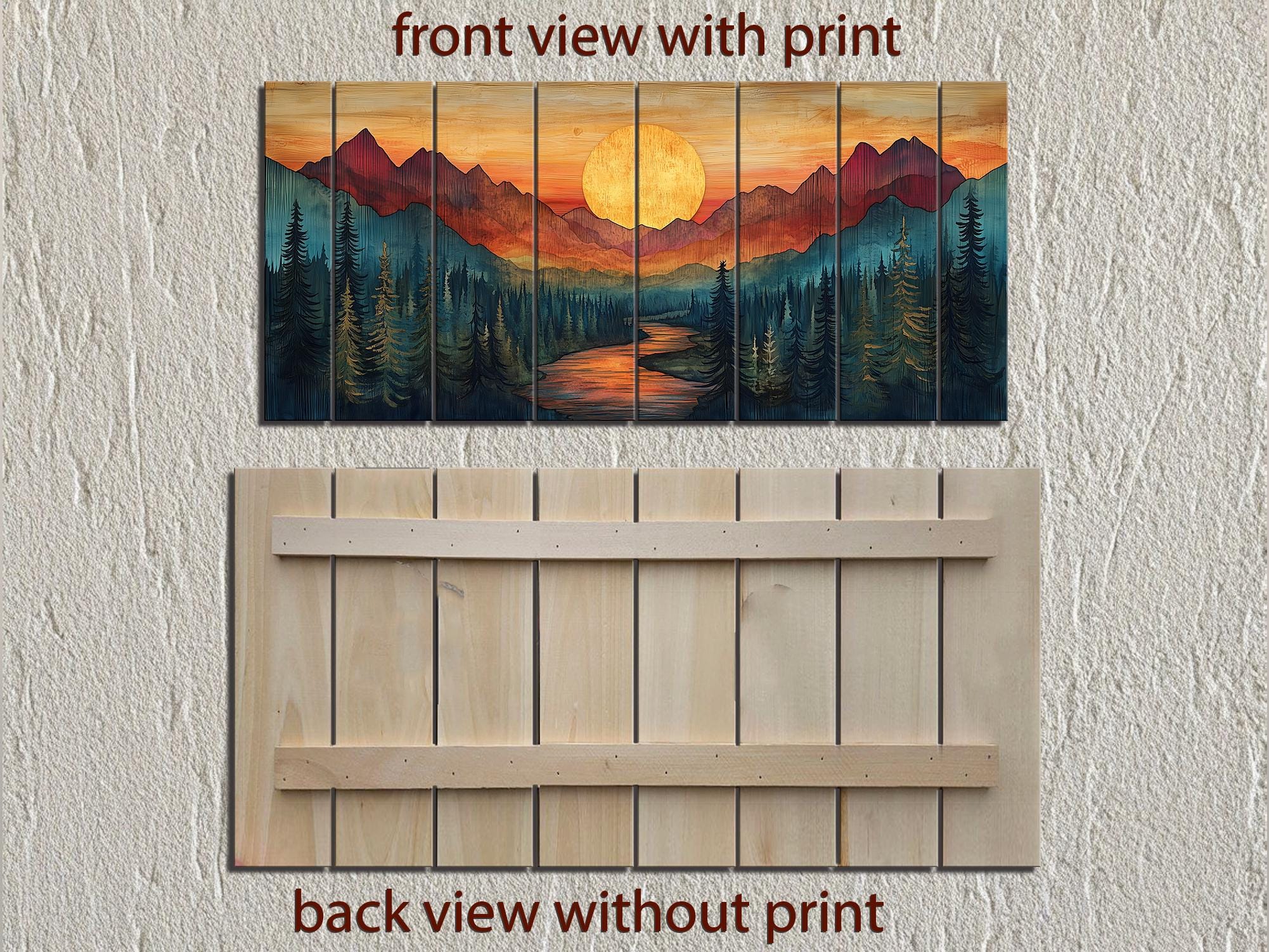 Sunset Mountain River Scene Distressed Wood Wall Art