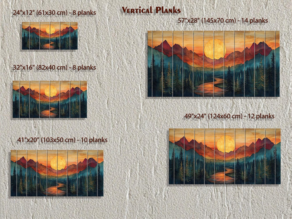 Sunset Mountain River Scene Distressed Wood Wall Art