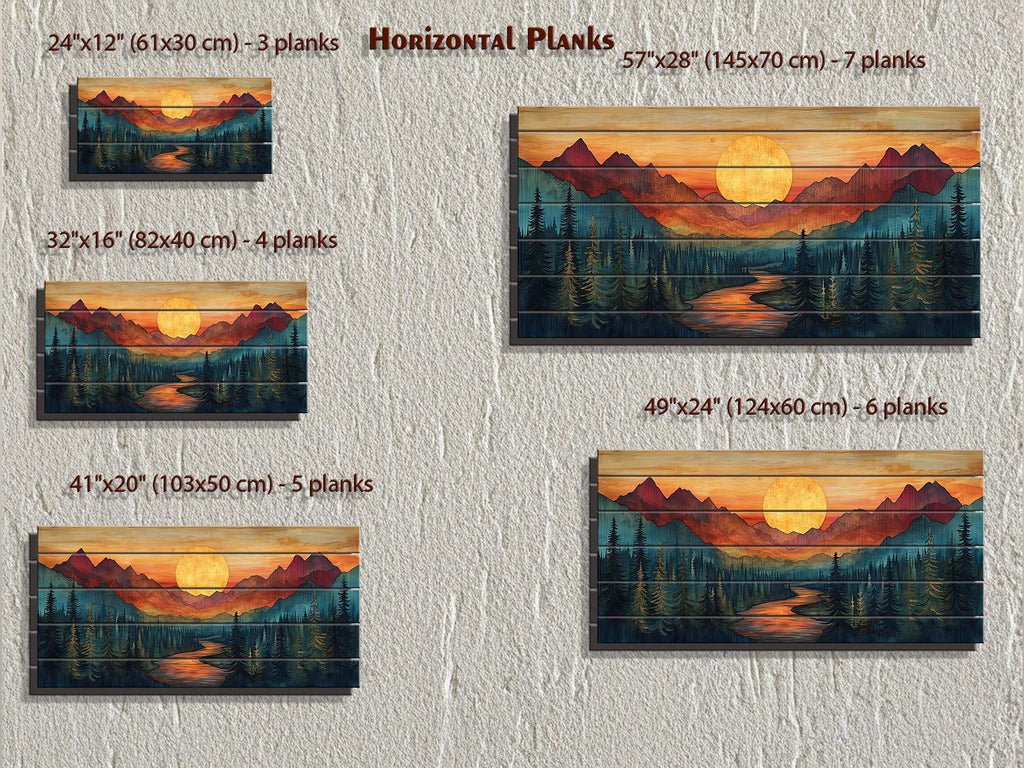 Sunset Mountain River Scene Distressed Wood Wall Art